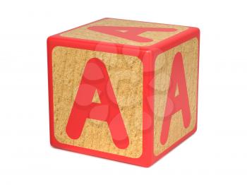 Letter A on Red Wooden Childrens Alphabet Block  Isolated on White. Educational Concept.