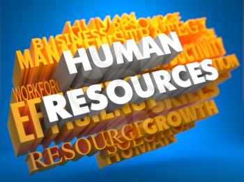 Human Resources - Words in White Color on Cloud of Yellow Words on Blue Background. Wordcloud Concept.