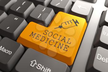 Social Medicine Words with Syringe Icon on Orange Button on Black Modern Computer Keyboard. Medical Concept.