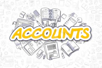 Yellow Text - Accounts. Business Concept with Doodle Icons. Accounts - Hand Drawn Illustration for Web Banners and Printed Materials. 