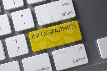 Infographics Concept Aluminum Keyboard with Infographics on Yellow Enter Button Background, Selected Focus. 3D Render.
