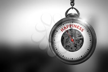 Happiness on Vintage Pocket Watch Face with Close View of Watch Mechanism. Business Concept. Watch with Happiness Text on the Face. 3D Rendering.