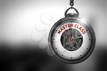 Business Concept: Pocket Watch with Master Class - Red Text on it Face. Master Class Close Up of Red Text on the Vintage Pocket Clock Face. 3D Rendering.