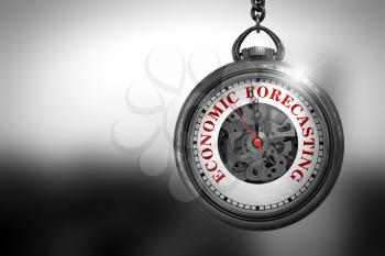 Business Concept: Vintage Pocket Clock with Economic Forecasting - Red Text on it Face. Vintage Watch with Economic Forecasting Text on the Face. 3D Rendering.