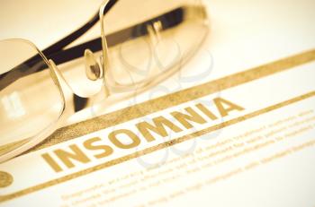 Diagnosis - Insomnia. Medical Concept on Red Background with Blurred Text and Eyeglasses. Selective Focus. 3D Rendering.