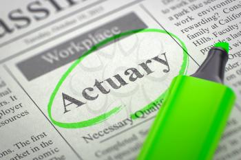 Actuary - Small Ads of Job Search in Newspaper, Circled with a Green Marker. Blurred Image with Selective focus. Job Seeking Concept. 3D Render.