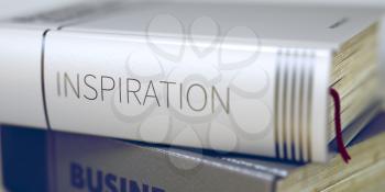 Inspiration - Book Title on the Spine. Closeup View. Stack of Business Books. Inspiration Concept on Book Title. Blurred Image with Selective focus. 3D Rendering.