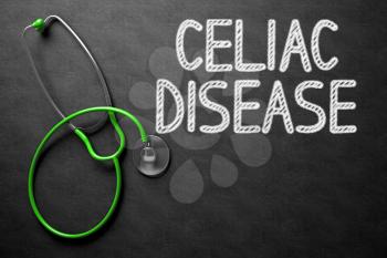 Medical Concept: Black Chalkboard with Celiac Disease. Medical Concept: Celiac Disease - Text on Black Chalkboard with Green Stethoscope. 3D Rendering.