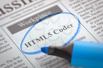 A Newspaper Column in the Classifieds with the Small Ads of Job Search of HTML5 Coder, Circled with a Blue Marker. Blurred Image with Selective focus. Concept of Recruitment. 3D.