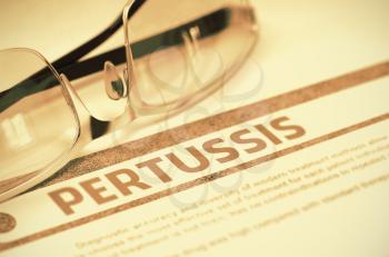 Pertussis - Printed Diagnosis with Blurred Text on Red Background with Specs. Medical Concept. 3D Rendering.