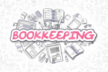 Business Illustration of Bookkeeping. Doodle Magenta Word Hand Drawn Cartoon Design Elements. Bookkeeping Concept. 