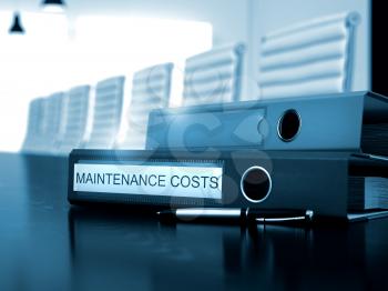 Maintenance Costs - Business Illustration. Folder with Inscription Maintenance Costs on Wooden Table. Maintenance Costs - Binder on Wooden Desktop. 3D.