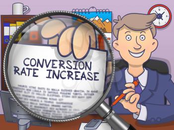 Conversion Rate Increase. Man Holds Out a Concept on Paper through Magnifying Glass. Multicolor Doodle Illustration.