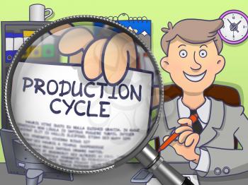 Production Cycle through Magnifier. Officeman Holds Out a Paper with Concept. Closeup View. Multicolor Doodle Illustration.