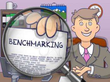 Benchmarking. Smiling Officeman in Office Workplace Shows Text on Paper through Magnifying Glass. Colored Doodle Illustration.