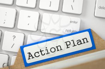 Action Plan. Blue Folder Register on Background of Modern Keyboard. Archive Concept. Close Up View. Selective Focus. 3D Rendering.