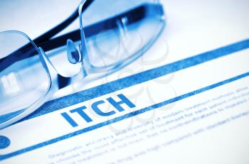 Itch - Medicine Concept on Blue Background with Blurred Text and Composition of Glasses. Itch - Medicine Concept with Blurred Text and Specs on Blue Background. Selective Focus. 3D Rendering.