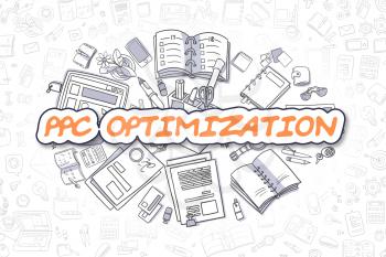 Cartoon Illustration of PPC Optimization, Surrounded by Stationery. Business Concept for Web Banners, Printed Materials. 
