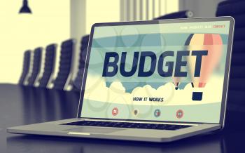 Laptop Display with Budget Concept on Landing Page. Closeup View. Modern Meeting Room Background. Toned. Blurred Image. 3D Render.