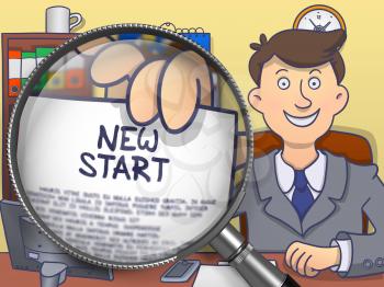 New Start. Man in Office Workplace Shows through Magnifier Concept on Paper. Colored Doodle Style Illustration.