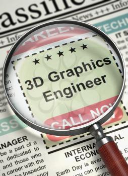 3D Graphics Engineer. Newspaper with the Vacancy. 3D Graphics Engineer - Close Up View Of A Classifieds Through Magnifying Lens. Job Search Concept. Blurred Image. 3D Illustration.