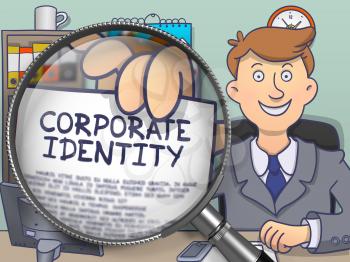 Officeman in Suit Looking at Camera and Showing a Text on Paper Corporate Identity Concept through Magnifier. Closeup View. Multicolor Modern Line Illustration in Doodle Style.