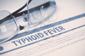 Typhoid Fever - Medicine Concept on Blue Background with Blurred Text and Composition of Specs. 3D Rendering.