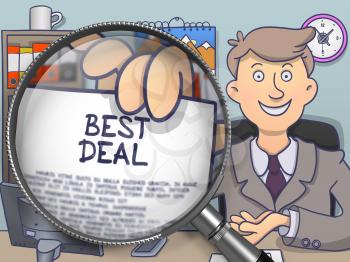 Best Deal on Paper in Businessman's Hand through Lens to Illustrate a Business Concept. Multicolor Doodle Illustration.