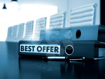 Best Offer - Business Concept on Toned Background. Ring Binder with Inscription Best Offer on Office Desk. Best Offer. Concept on Toned Background. 3D.