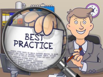 Best Practice on Paper in Businessman's Hand through Lens to Illustrate a Business Concept. Multicolor Doodle Style Illustration.