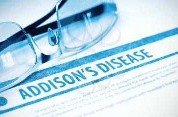 Addisons Disease - Medicine Concept on Blue Background with Blurred Text and Composition of Specs. 3D Rendering.