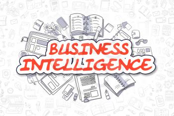 Business Intelligence - Sketch Business Illustration. Red Hand Drawn Text Business Intelligence Surrounded by Stationery. Doodle Design Elements. 