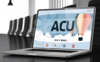 ACU - Average Concurrent User - on Landing Page of Laptop Screen in Modern Meeting Hall Closeup View. Blurred Image. Selective focus. 3D.