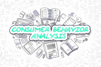 Consumer Behavior Analysis Doodle Illustration of Green Word and Stationery Surrounded by Cartoon Icons. Business Concept for Web Banners and Printed Materials. 