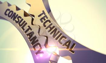 Technical Consultancy Golden Metallic Cog Gears. 3D Render.