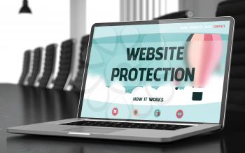 Website Protection on Landing Page of Laptop Screen. Closeup View. Modern Conference Hall Background. Toned Image with Selective Focus. 3D Render.