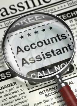 Accounts Assistant - Jobs Section Vacancy in Newspaper. Loupe Over Newspaper with Vacancy of Accounts Assistant. Job Search Concept. Blurred Image with Selective focus. 3D Illustration.