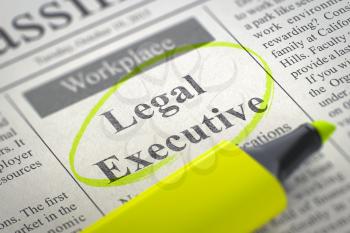 A Newspaper Column in the Classifieds with the Small Ads of Job Search of Legal Executive, Circled with a Yellow Highlighter. Blurred Image. Selective focus. Hiring Concept. 3D Illustration.
