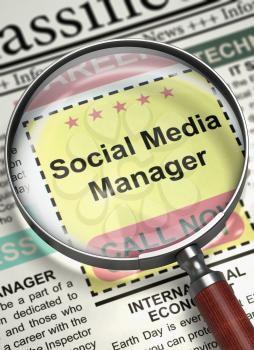 Social Media Manager - Close View Of A Classifieds Through Magnifier. Newspaper with Jobs Social Media Manager. Job Search Concept. Blurred Image. 3D Render.