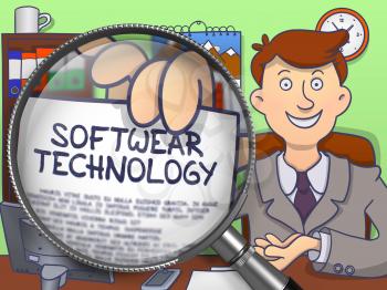 Softwear Technology through Magnifier. Businessman Holds Out a Text on Paper. Closeup View. Multicolor Doodle Style Illustration.
