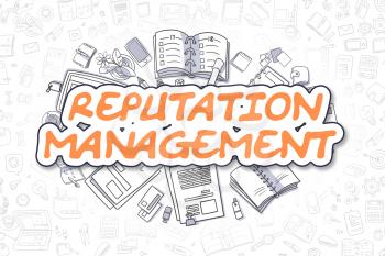 Reputation Management - Sketch Business Illustration. Orange Hand Drawn Word Reputation Management Surrounded by Stationery. Doodle Design Elements. 
