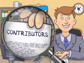 Contributors. Officeman Showing Concept on Paper through Lens. Multicolor Modern Line Illustration in Doodle Style.