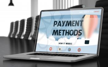 Payment Methods on Landing Page of Mobile Computer Display. Closeup View. Modern Meeting Room Background. Blurred. Toned Image. 3D Render.