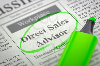 Direct Sales Advisor. Newspaper with the Small Ads of Job Search, Circled with a Green Marker. Blurred Image with Selective focus. Hiring Concept. 3D Rendering.
