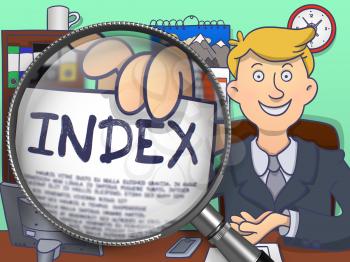 Index. Businessman Showing a Paper with Text through Magnifier. Multicolor Doodle Style Illustration.