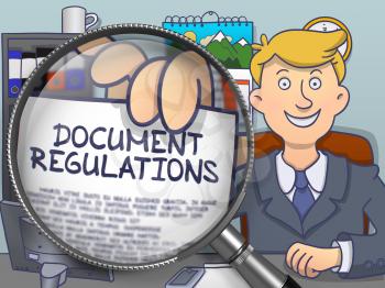 Document Regulations through Magnifying Glass. Businessman Showing Paper with Concept. Closeup View. Colored Doodle Illustration.