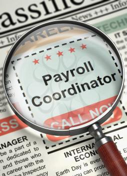Payroll Coordinator. Newspaper with the Job Vacancy. Newspaper with Classified Ad Payroll Coordinator. Job Search Concept. Blurred Image with Selective focus. 3D Illustration.