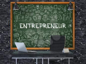 Entrepreneur Concept Handwritten on Green Chalkboard with Doodle Icons. Office Interior with Modern Workplace. Dark Brick Wall Background. 3D.