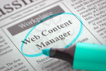 Web Content Manager - Small Ads of Job Search in Newspaper, Circled with a Azure Marker. Blurred Image with Selective focus. Hiring Concept. 3D Render.