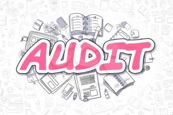 Magenta Inscription - Audit. Business Concept with Doodle Icons. Audit - Hand Drawn Illustration for Web Banners and Printed Materials. 